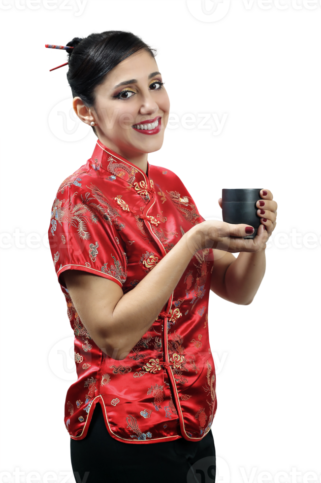 Brazilian model with Chinese style clothes and makeup png