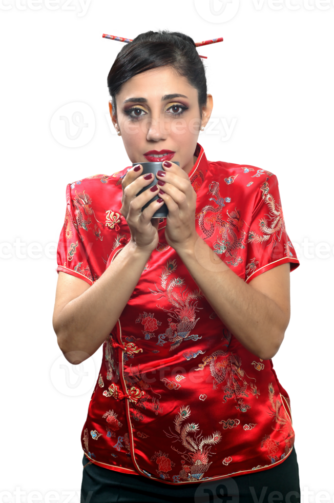 Brazilian model with Chinese style clothes and makeup png
