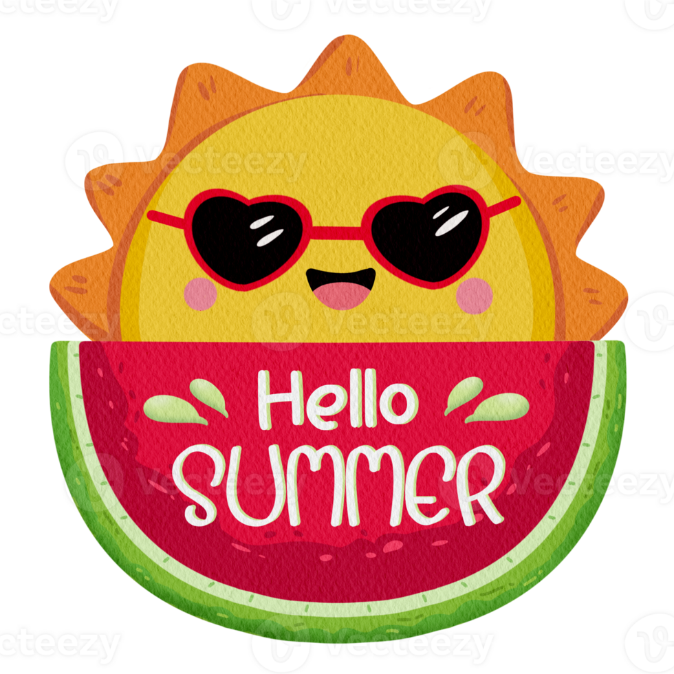 Watercolor sun watermelons and lettering hello summer png