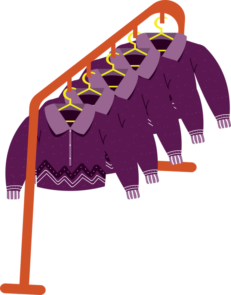 Cartoon apparel hangers. Different fashion clothes hanging on hanger rack png