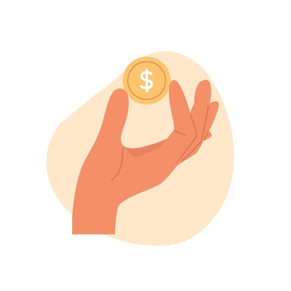 Hand with gold coin. Cash currency concept. Human hand catching money vector
