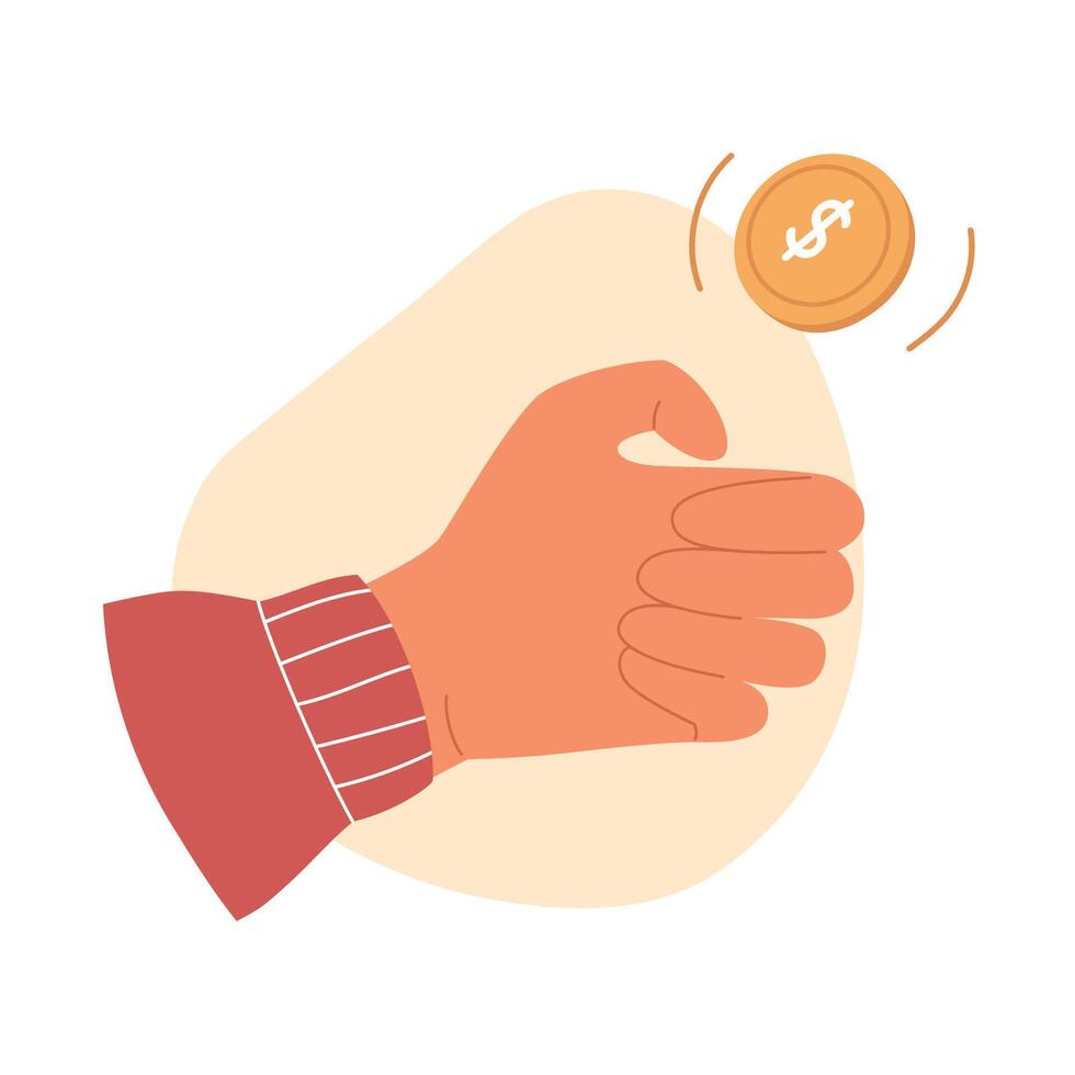 Hand tossing gold coin. Palm throw gold coin with dollar sign. Flat illustration vector