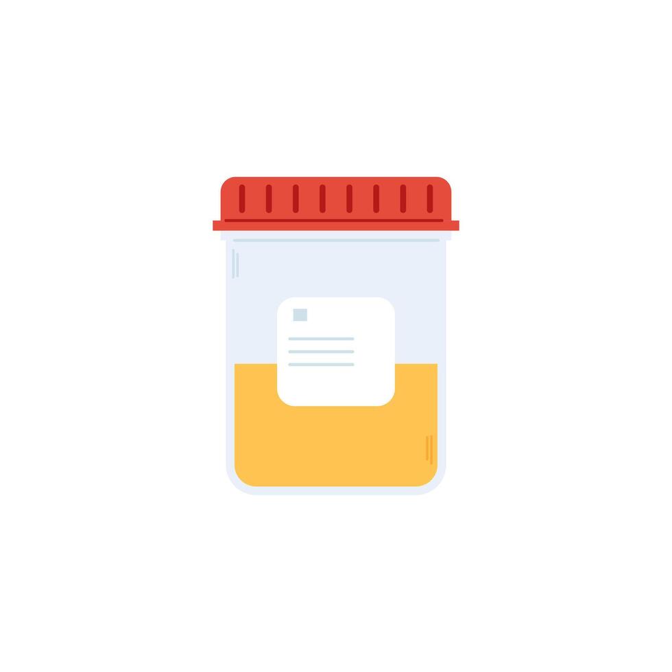 Urine analysis. Container with urine sample. Plastic containers with biomaterial vector