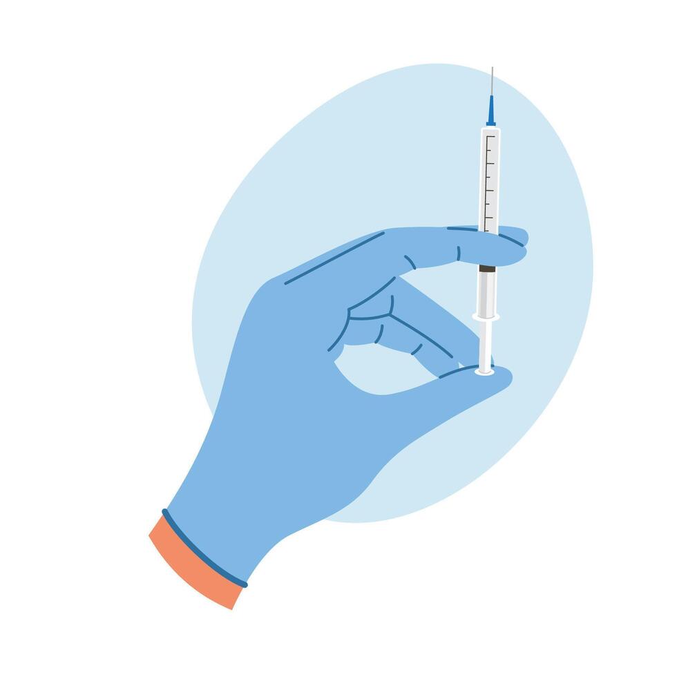 Doctor hand in gloves with syringe with vaccine liquid. Nurse hand in medical gloves hold syringe and ampoule with medicine. Vaccination concept vector