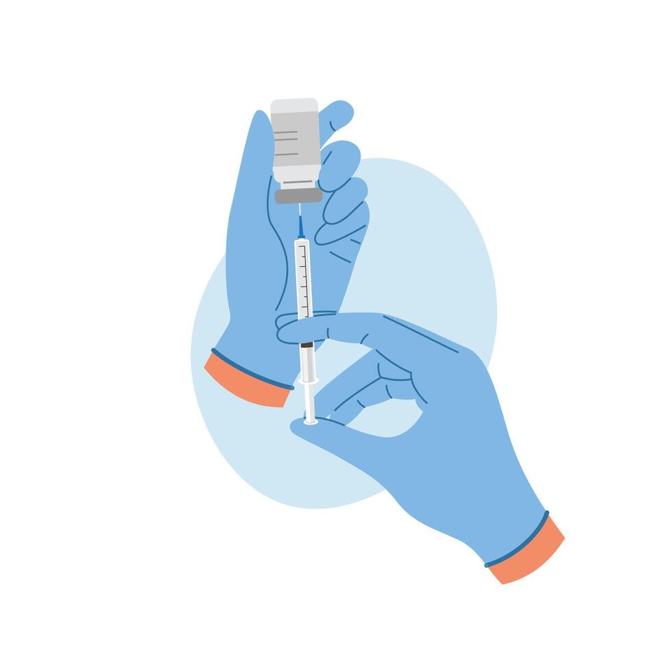 Doctor hand in gloves with syringe with vaccine liquid. Nurse hand in medical gloves hold syringe and ampoule with medicine. Vaccination concept vector