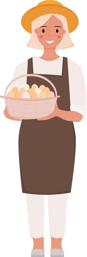 Farmer woman holds a basket with eggs. Farm worker. Farmer full height. illustration on white background. vector