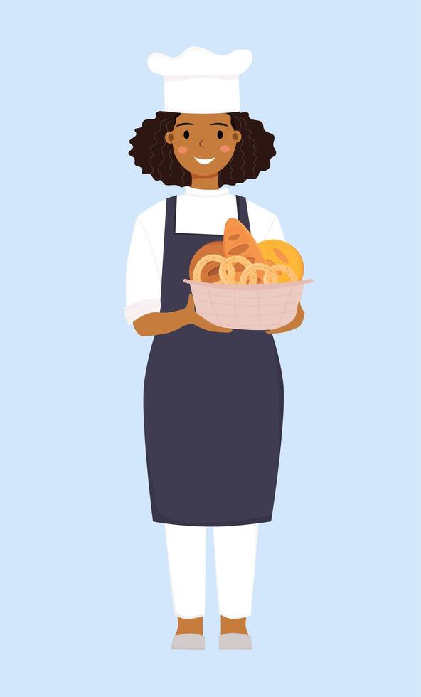 African american woman baker full height with Basket of Bread. Chef. Bakery shop. vector