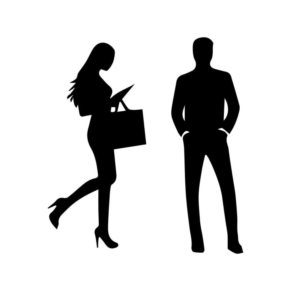 silhouettes of men and a women, a group of standing business people, black color isolated on white background vector