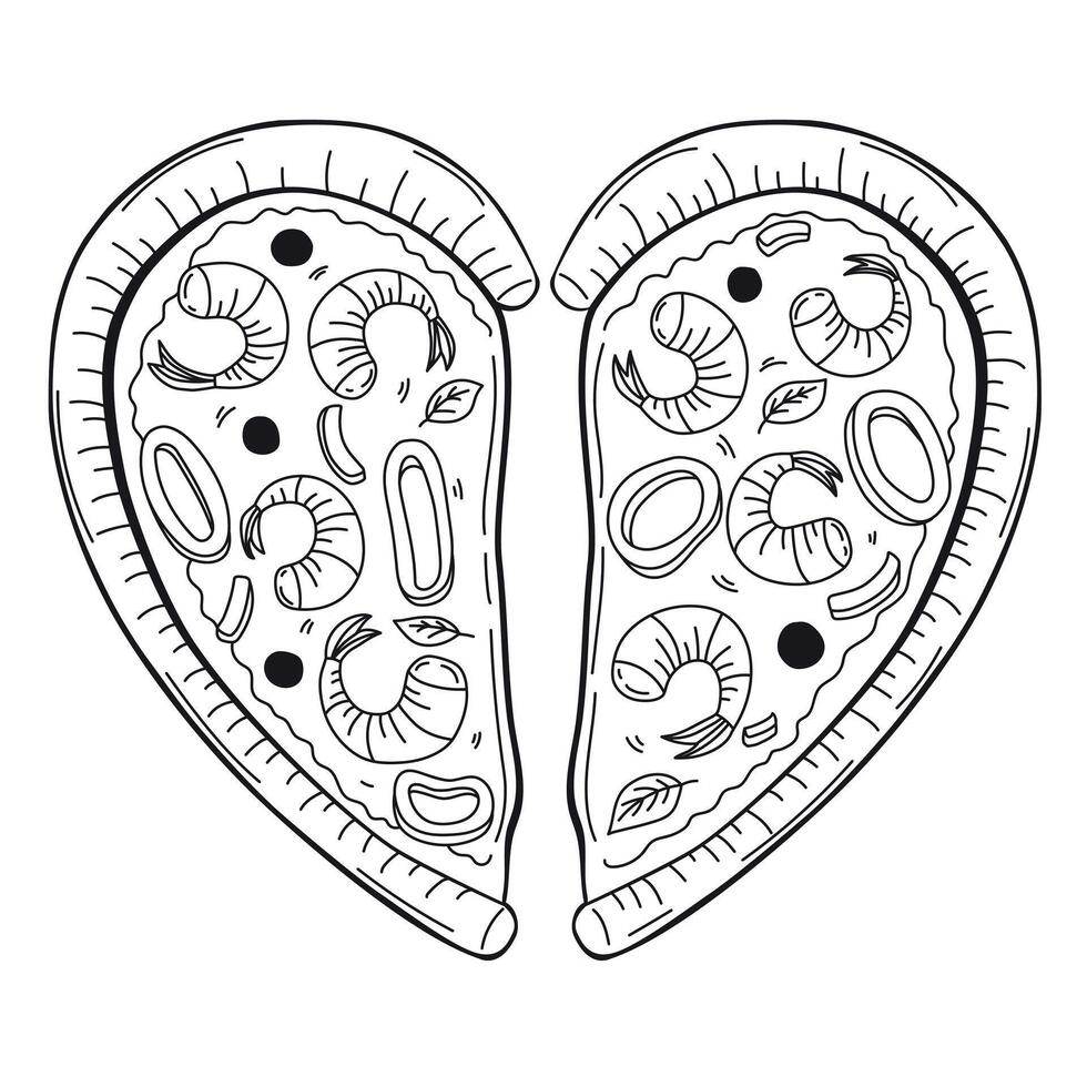 heart shaped pizza cut into two art vector