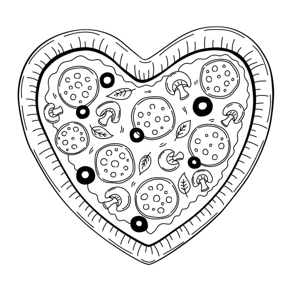 heart shaped pizza outline illustration vector