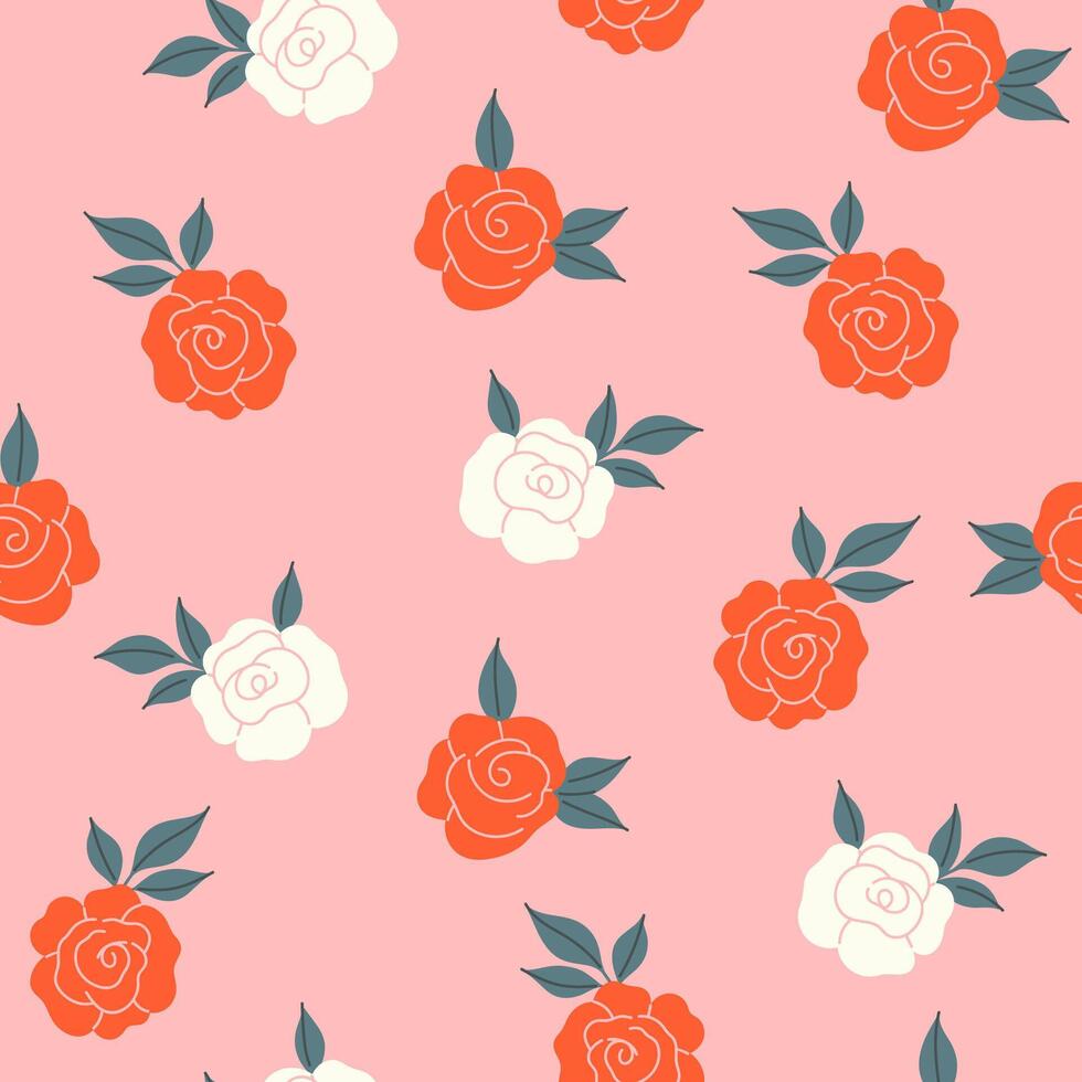 Simple seamless pattern with red and white roses on a pink background. graphics. vector