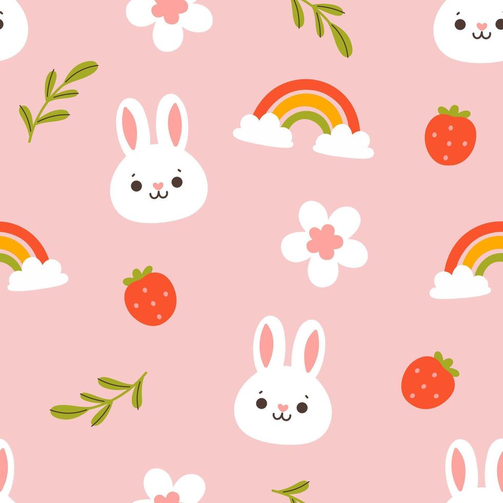 Seamless pattern with cute bunnies, rainbows, strawberries, rainbows. graphics. vector