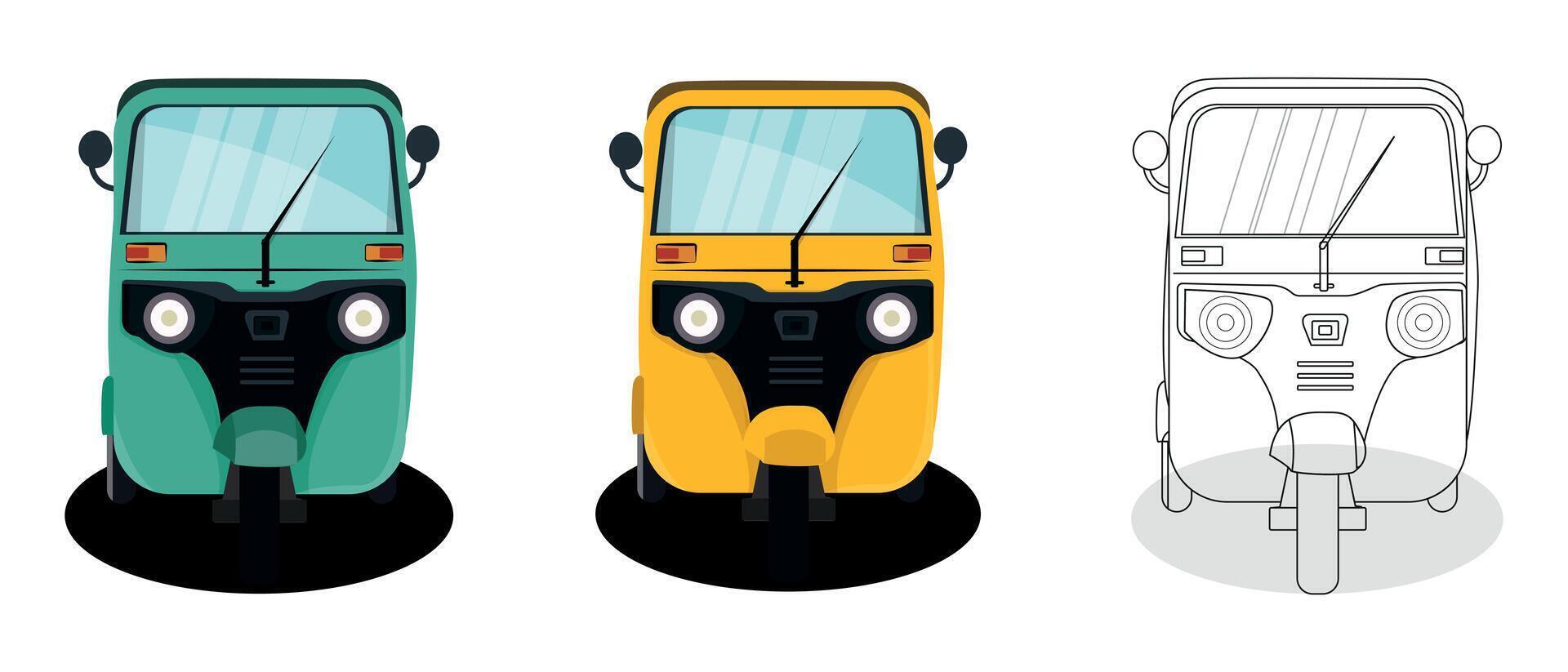 Set of yellow and green auto rickshaw front view illustrations in India vector