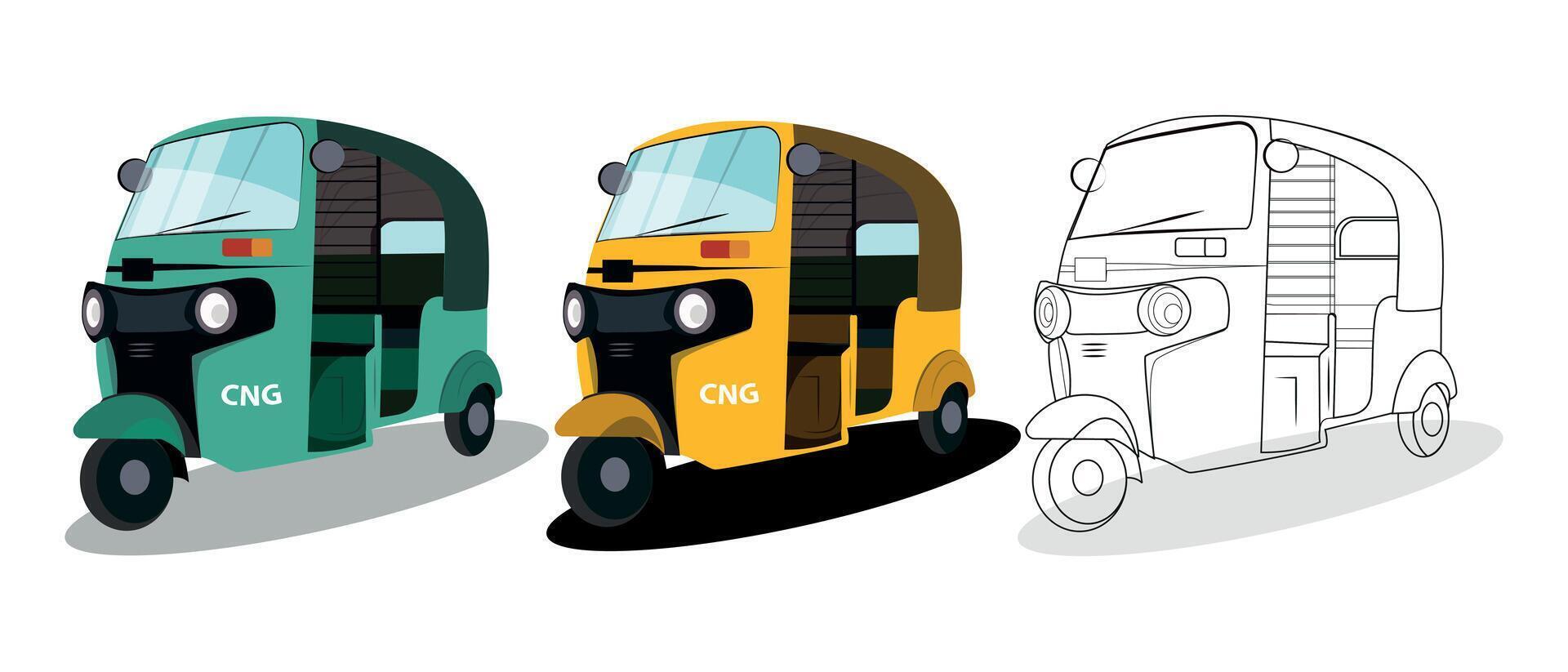 Set of yellow and green auto rickshaw side view illustrations in India vector