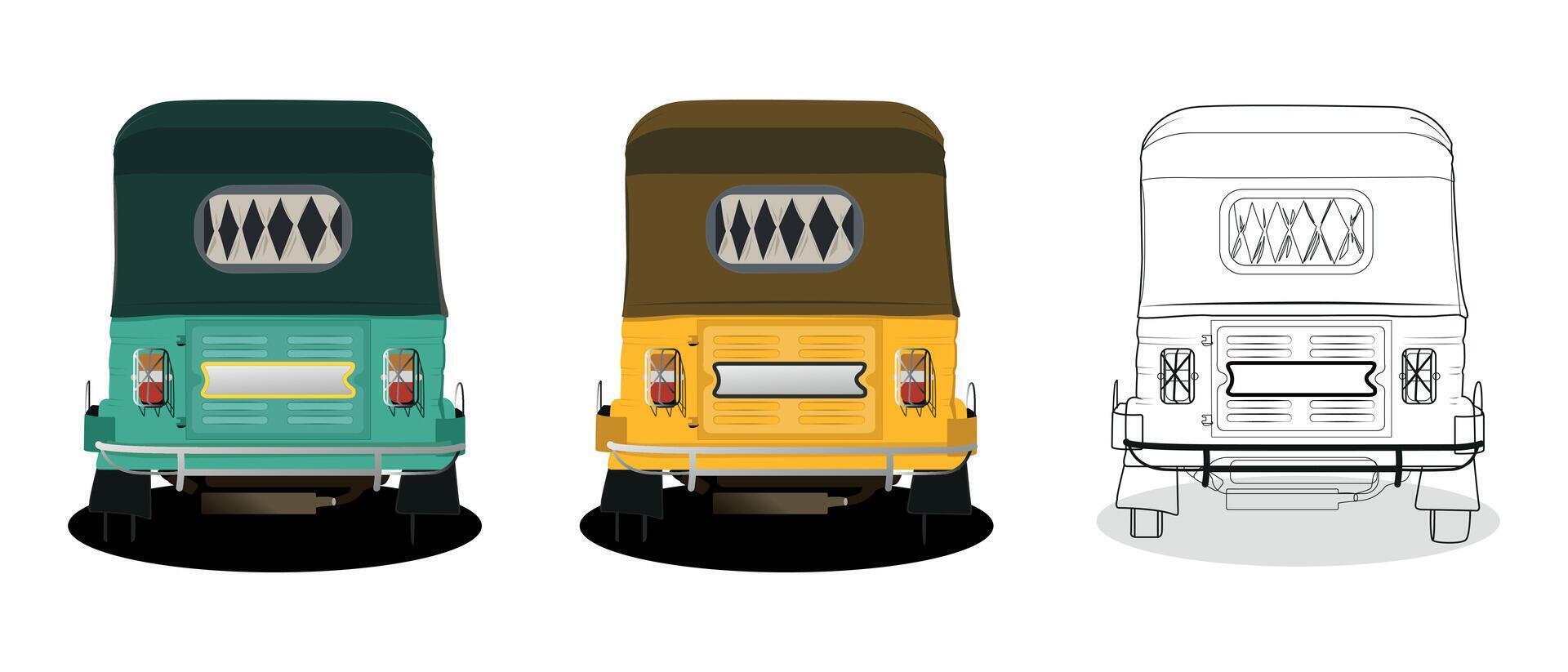 Set of yellow and green auto rickshaw back view illustrations in India vector