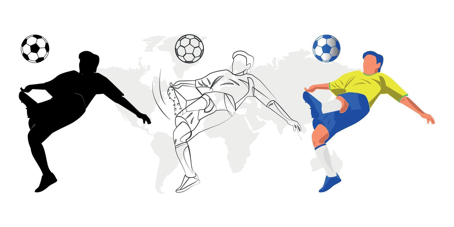 Soccer Player Kicking Ball silhouette and Line drawing football player Illustration vector