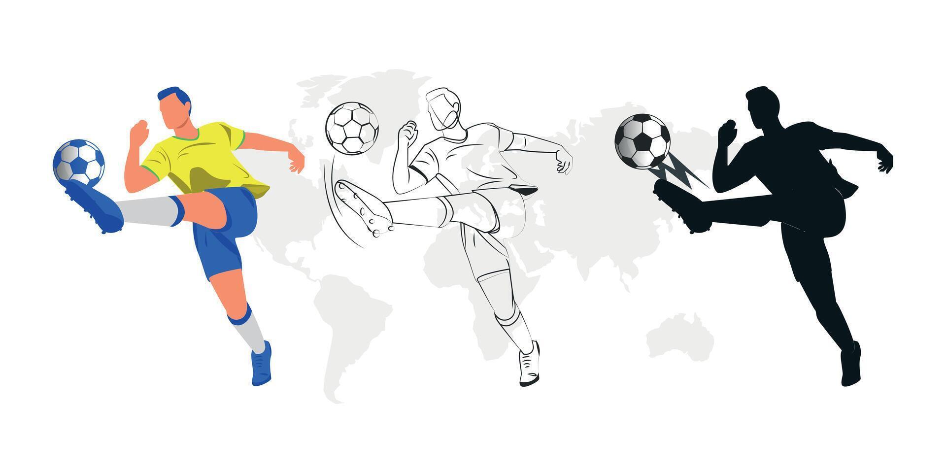 Soccer Player Kicking Ball silhouette and Line drawing football player Illustration vector