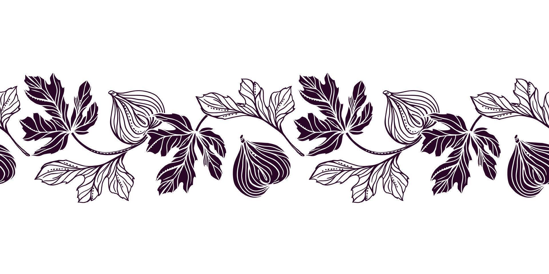 Figs seamless border. Curved branches with leaves and fruits. Illustration in graphic style. For cards, invitations, food and cosmetic packaging, covers, fabric, textiles, wallpaper. vector