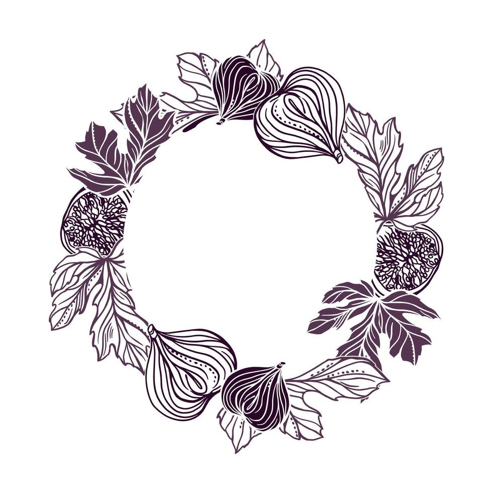 Figs wreath. Round frame with a sprig of leaves and fruits. Illustration in graphic style. For cards, invitations, food and cosmetic labels, covers, menus, banners, posters. vector