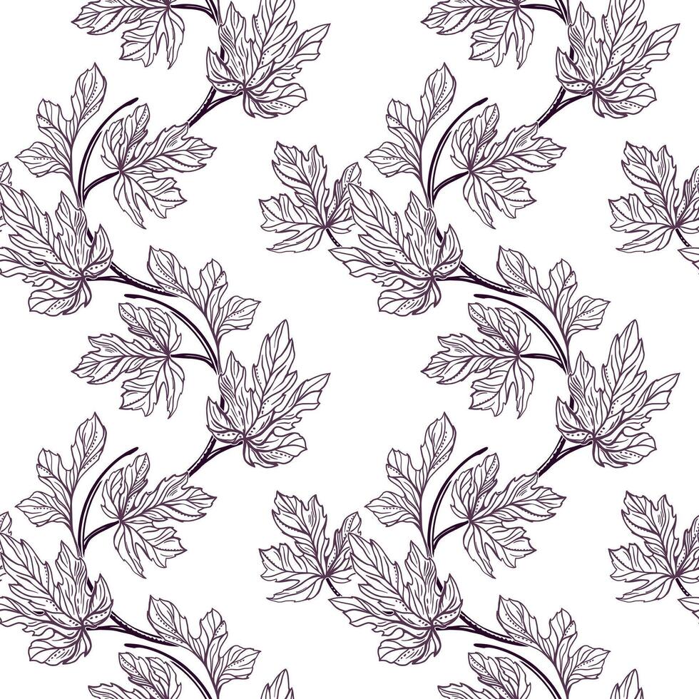 Figs seamless pattern. Curved branches with leaves. Illustration in graphic style. For cards, invitations, food and cosmetic packaging, covers, fabric, textiles, wallpaper. vector