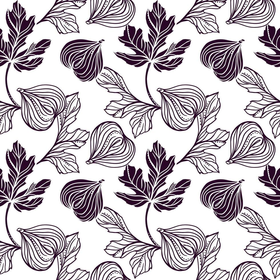 Figs seamless pattern. Leaves and fruits. Illustration in graphic style. For cards, invitations, food and cosmetic packaging, covers, fabric, textiles. vector
