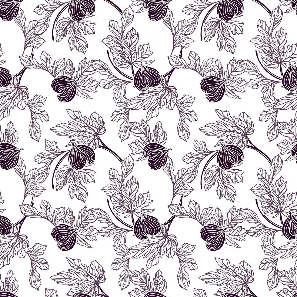 Figs seamless pattern. Curved branches with leaves and fruits. Graphic style. For cards, invitations, food and cosmetic packaging, covers, fabric, textiles, wallpaper. vector