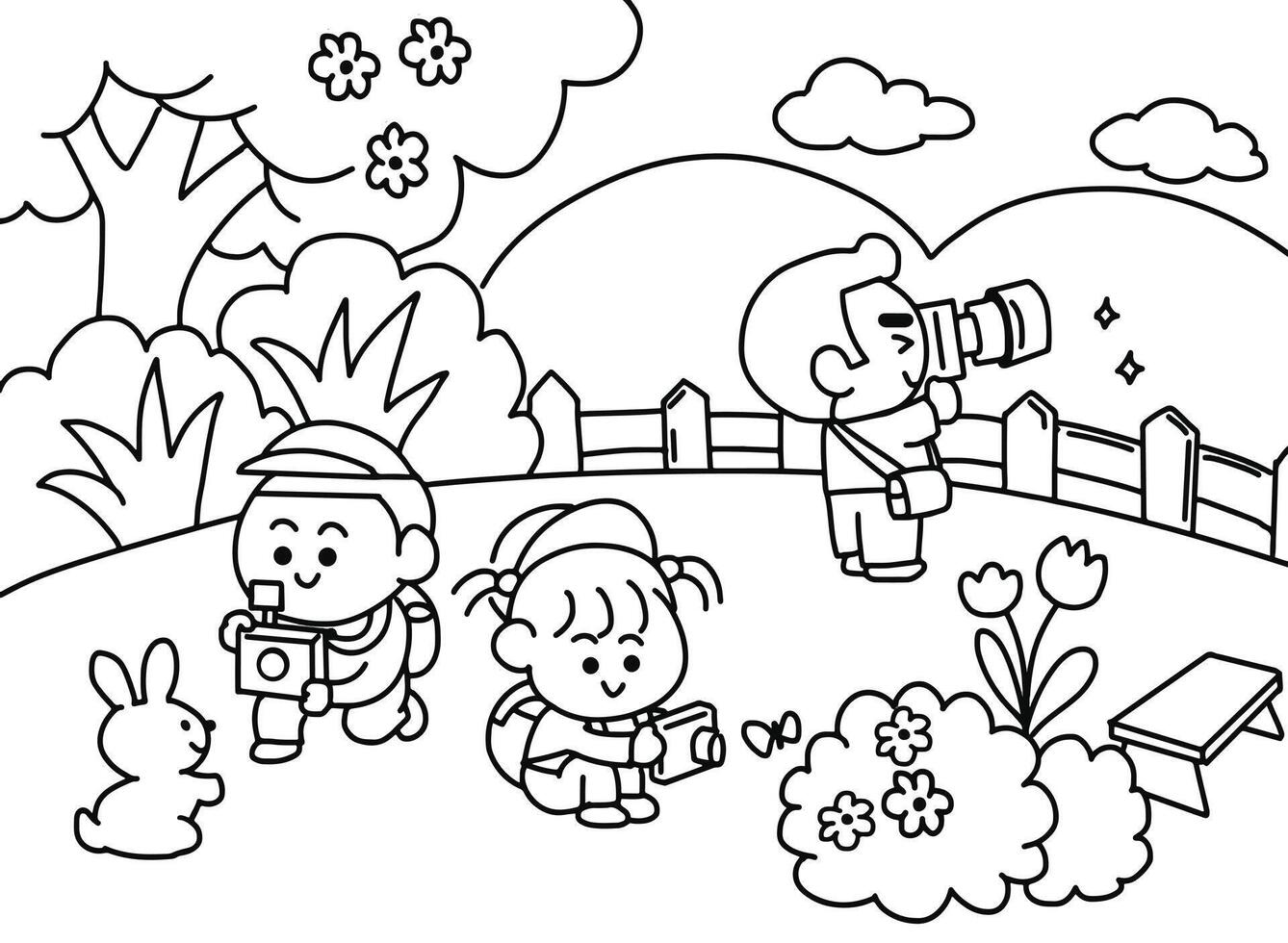 Children taking pictures at the park. vector