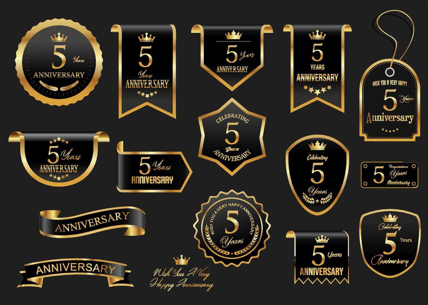 Collection of Anniversary gold laurel wreath badges and labels illustration vector