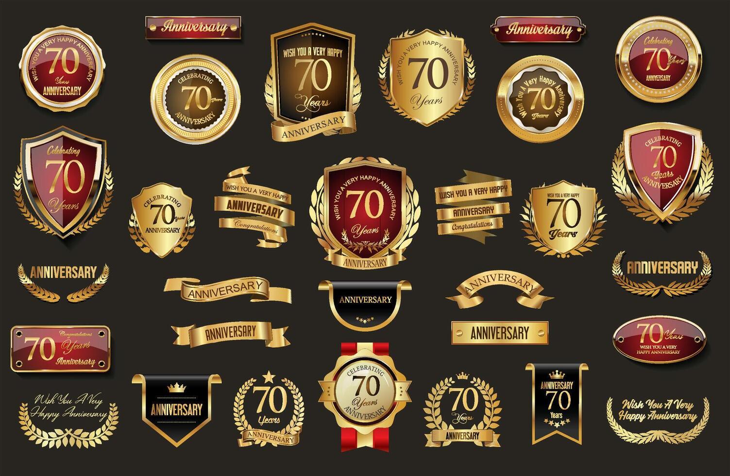 Collection of Anniversary gold laurel wreath badges and labels illustration vector