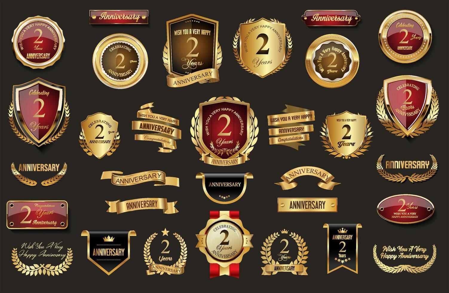 Collection of Anniversary gold laurel wreath badges and labels illustration vector