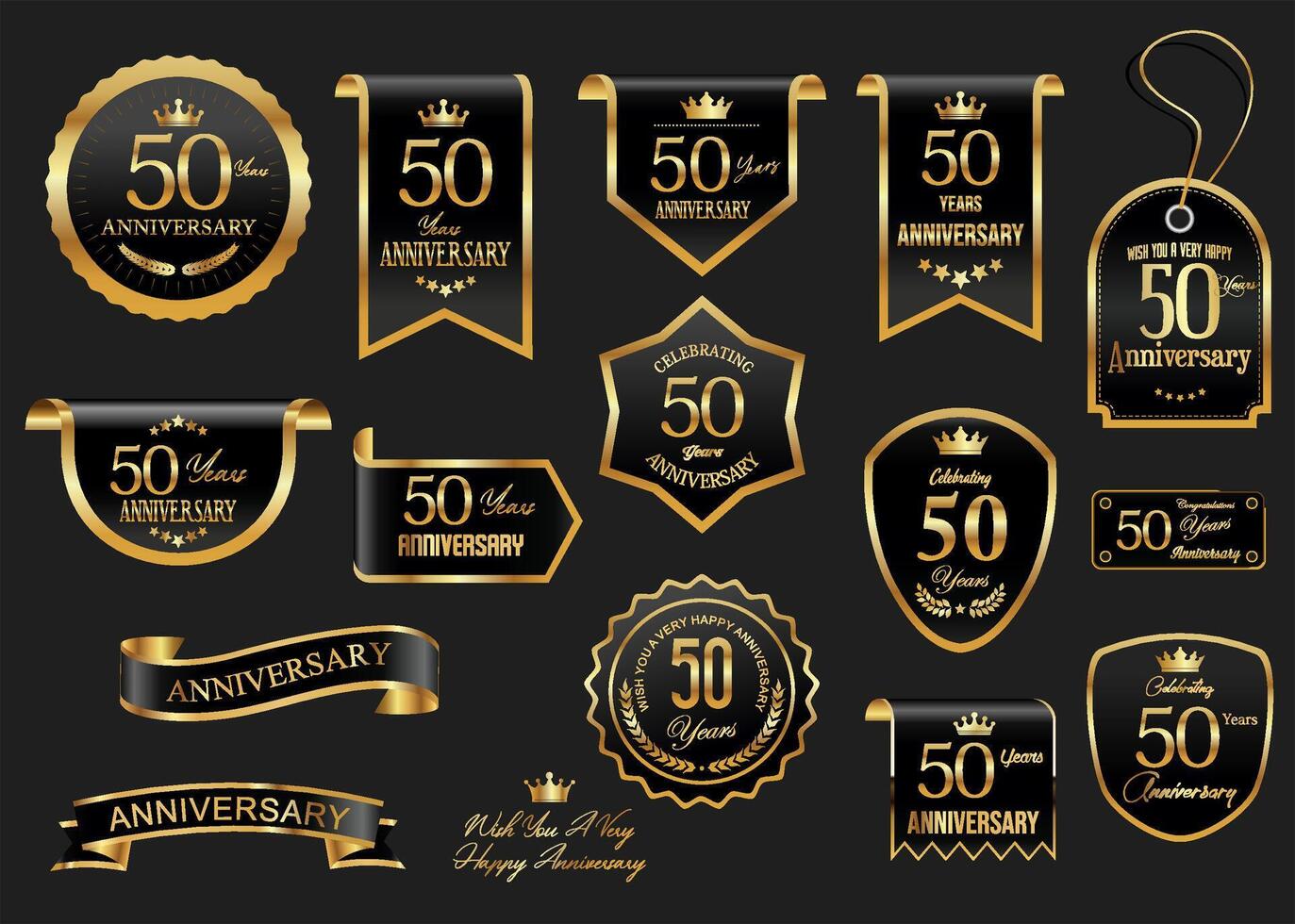 Collection of Anniversary gold laurel wreath badges and labels illustration vector