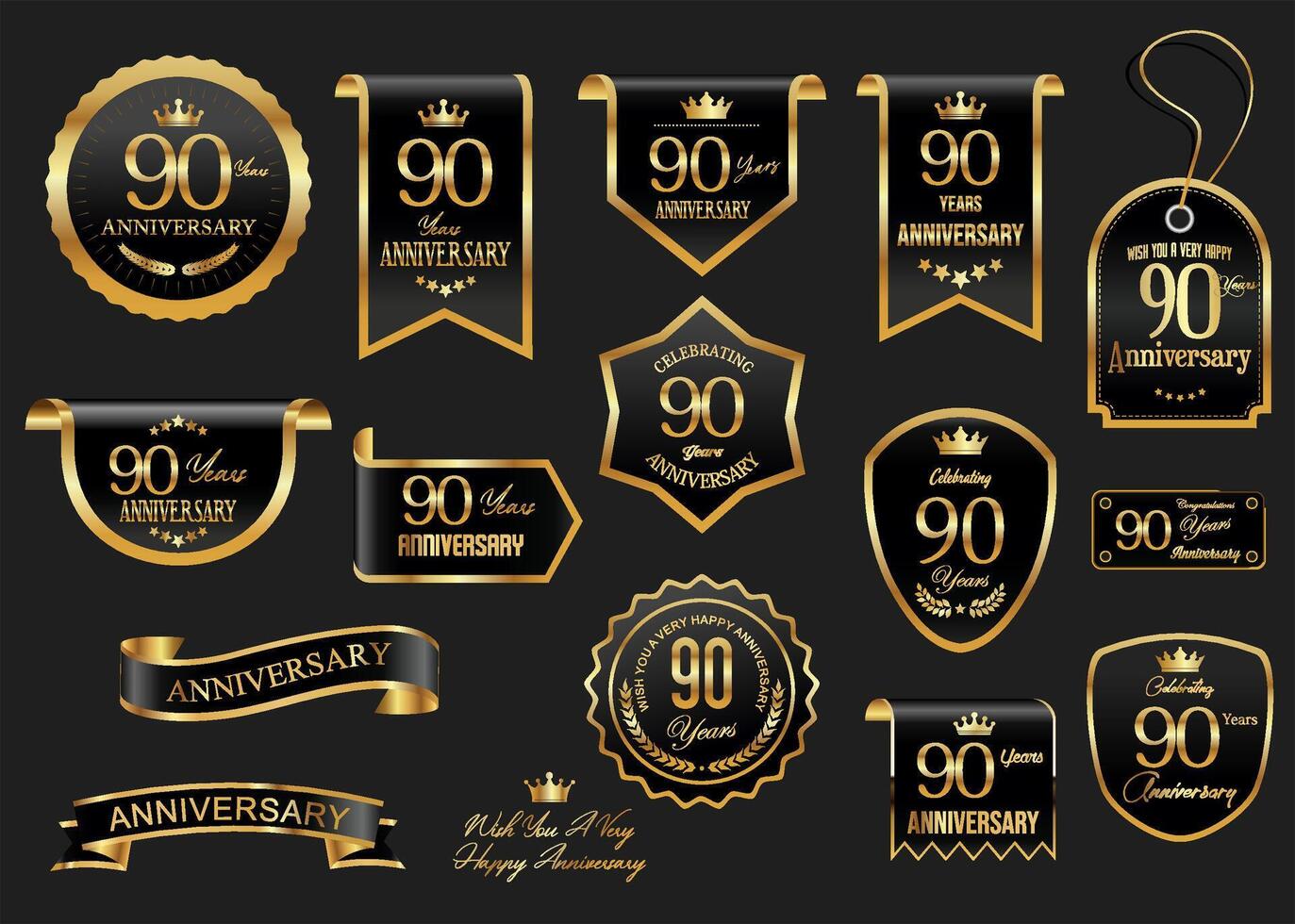 Collection of Anniversary gold laurel wreath badges and labels illustration vector