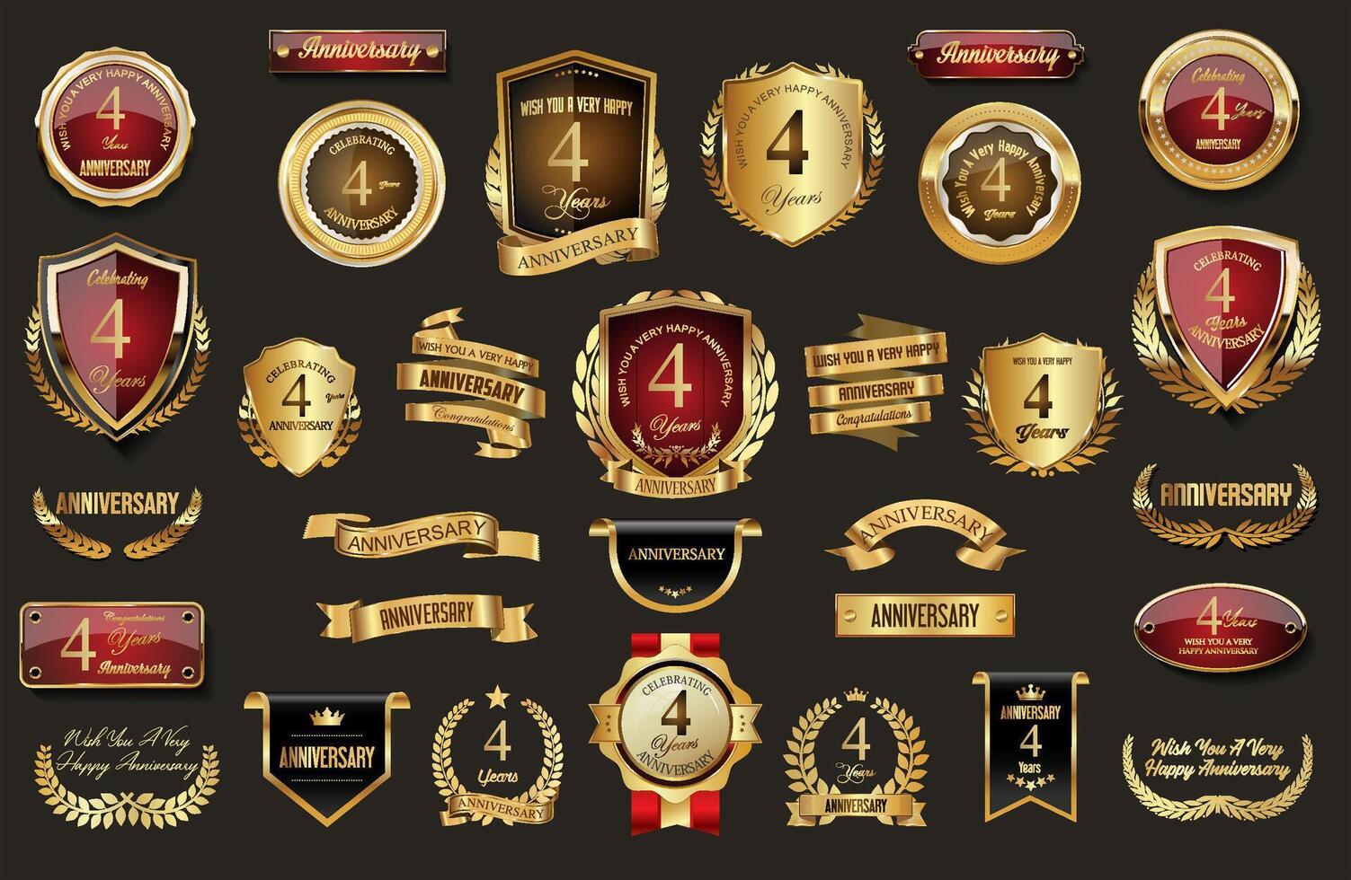 Collection of Anniversary gold laurel wreath badges and labels illustration vector