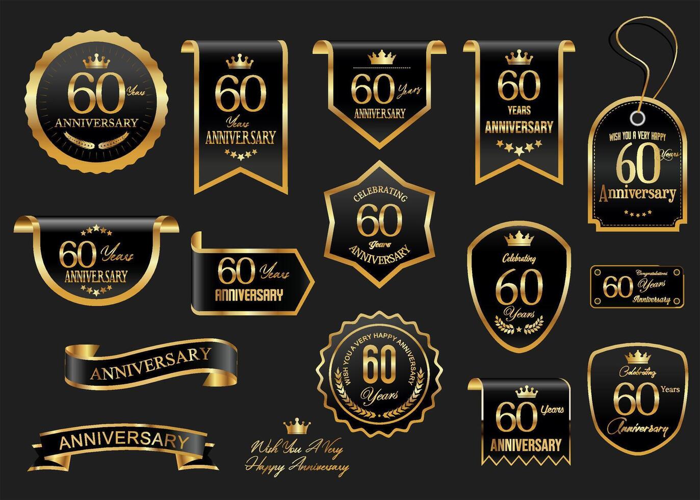 Collection of Anniversary gold laurel wreath badges and labels illustration vector