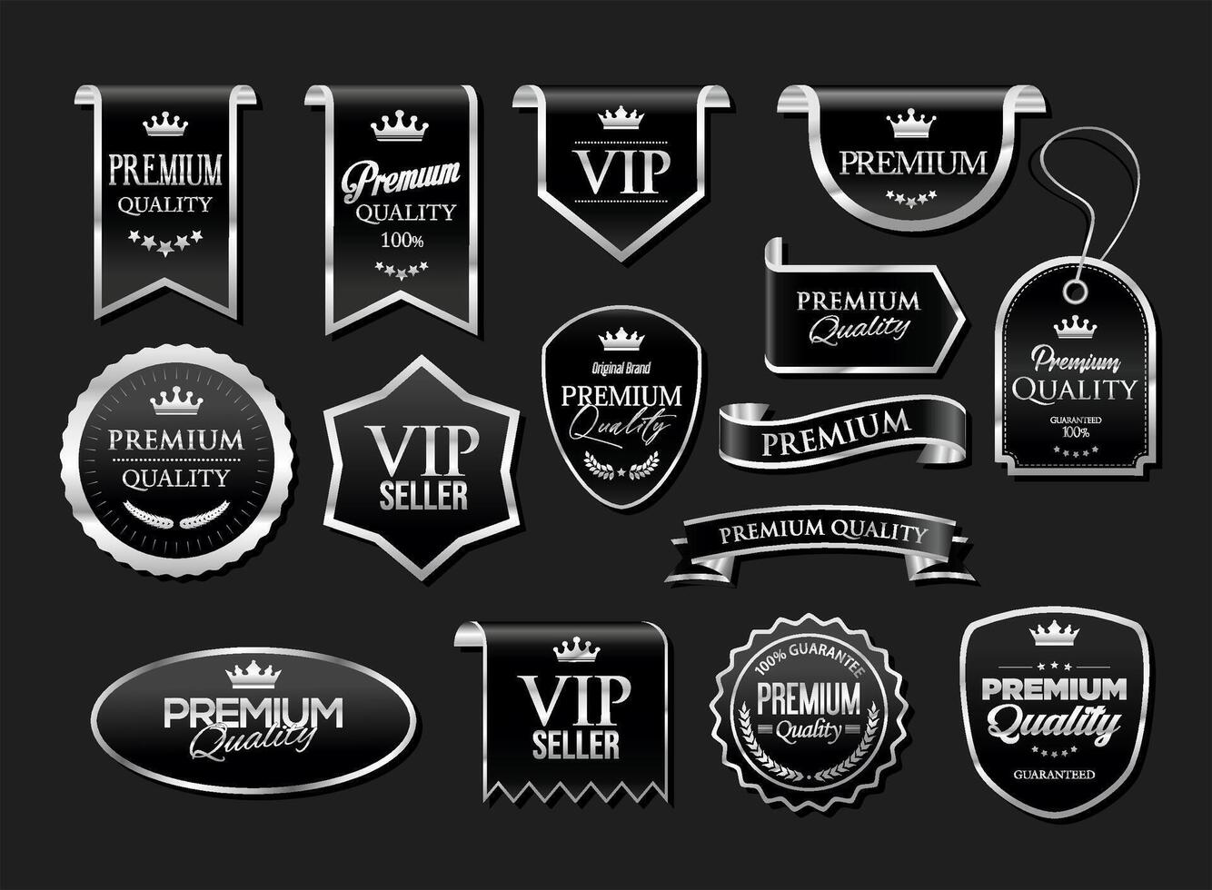 Silver luxury labels and badges silver premium quality certificate ribbons illustration vector