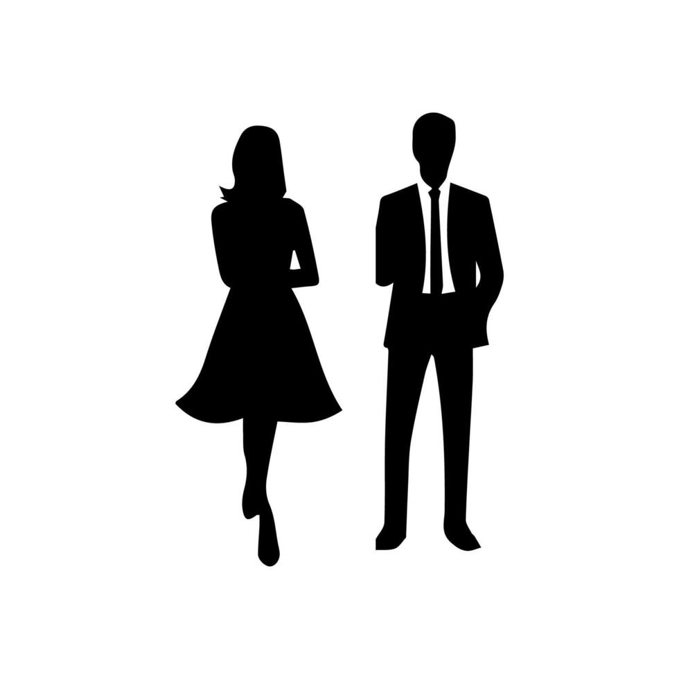 silhouettes of men and a women, a group of standing business people, black color isolated on white background vector