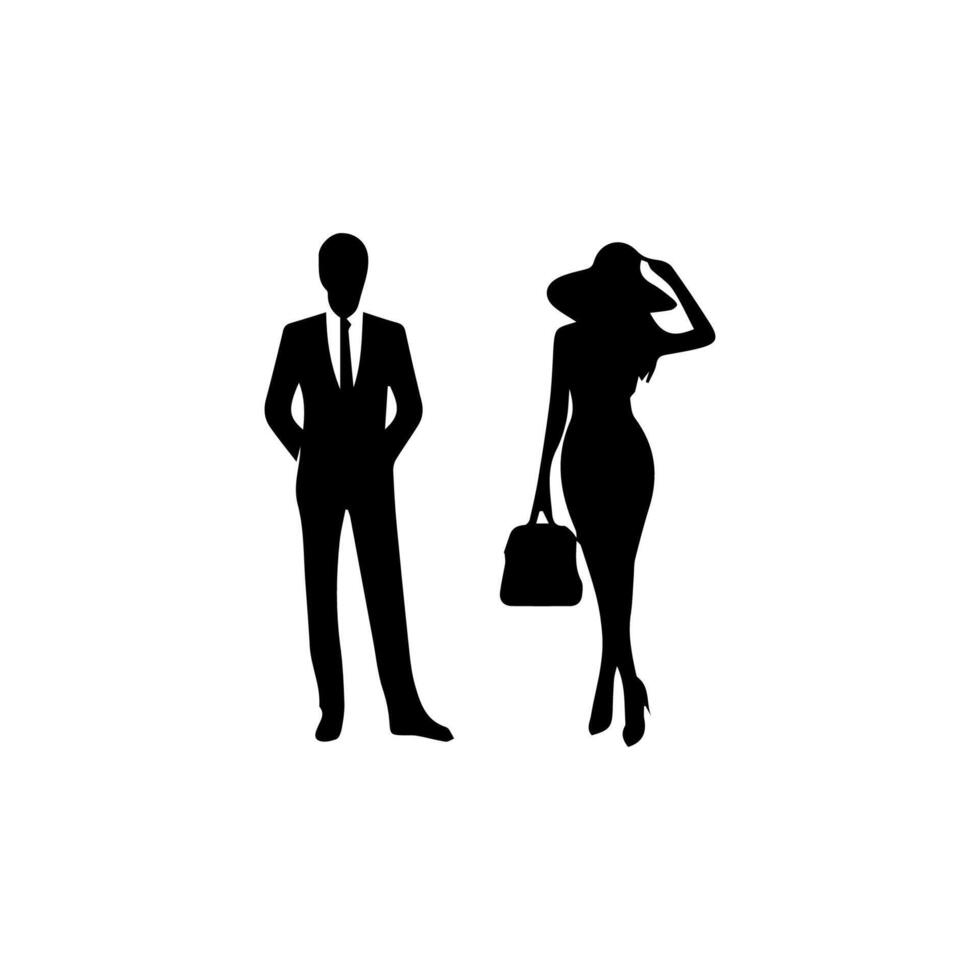 silhouettes of men and a women, a group of standing business people, black color isolated on white background vector
