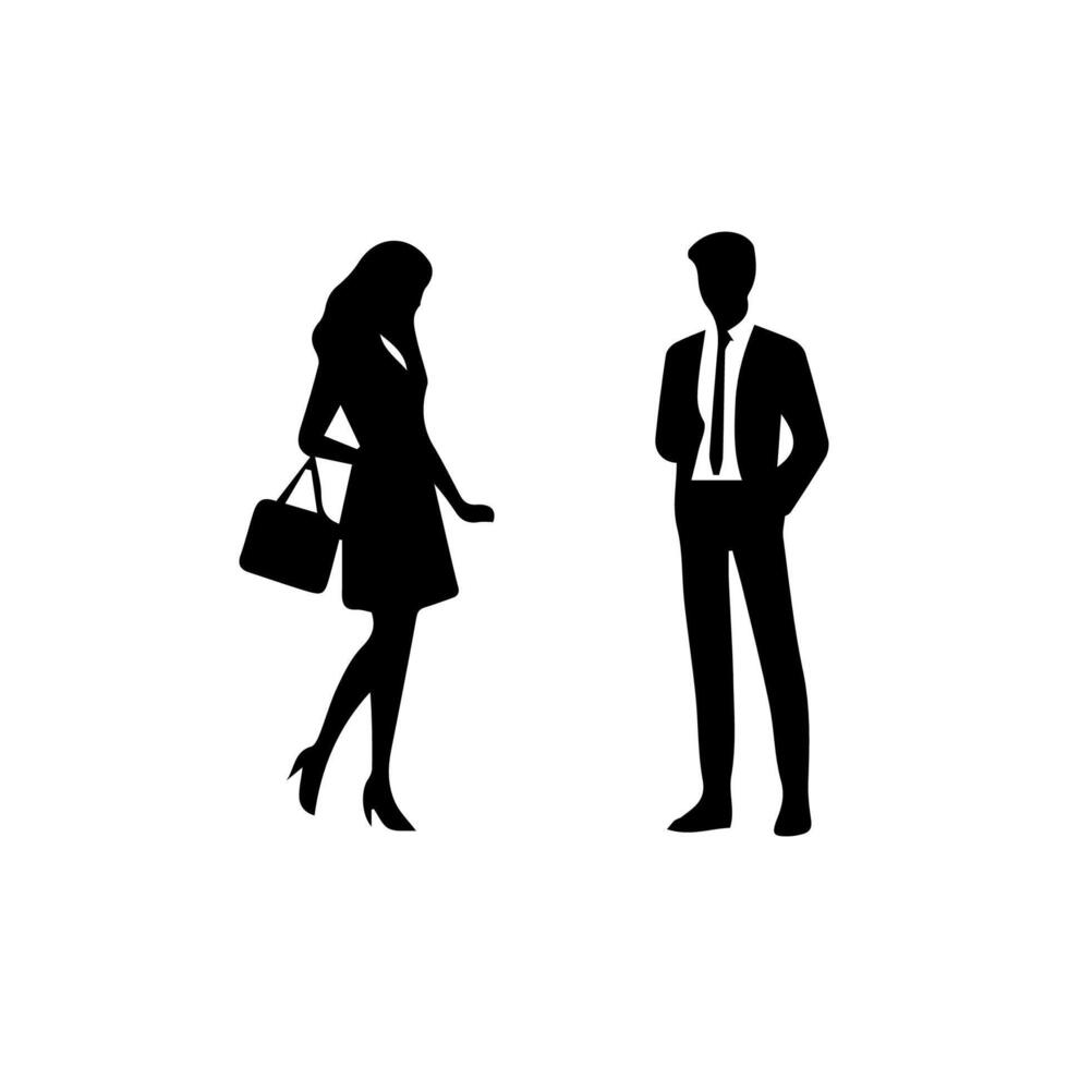 silhouettes of men and a women, a group of standing business people, black color isolated on white background vector