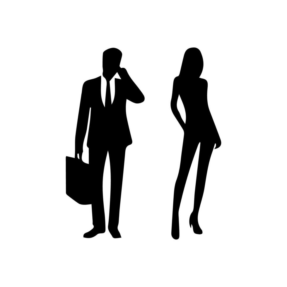 silhouettes of men and a women, a group of standing business people, black color isolated on white background vector