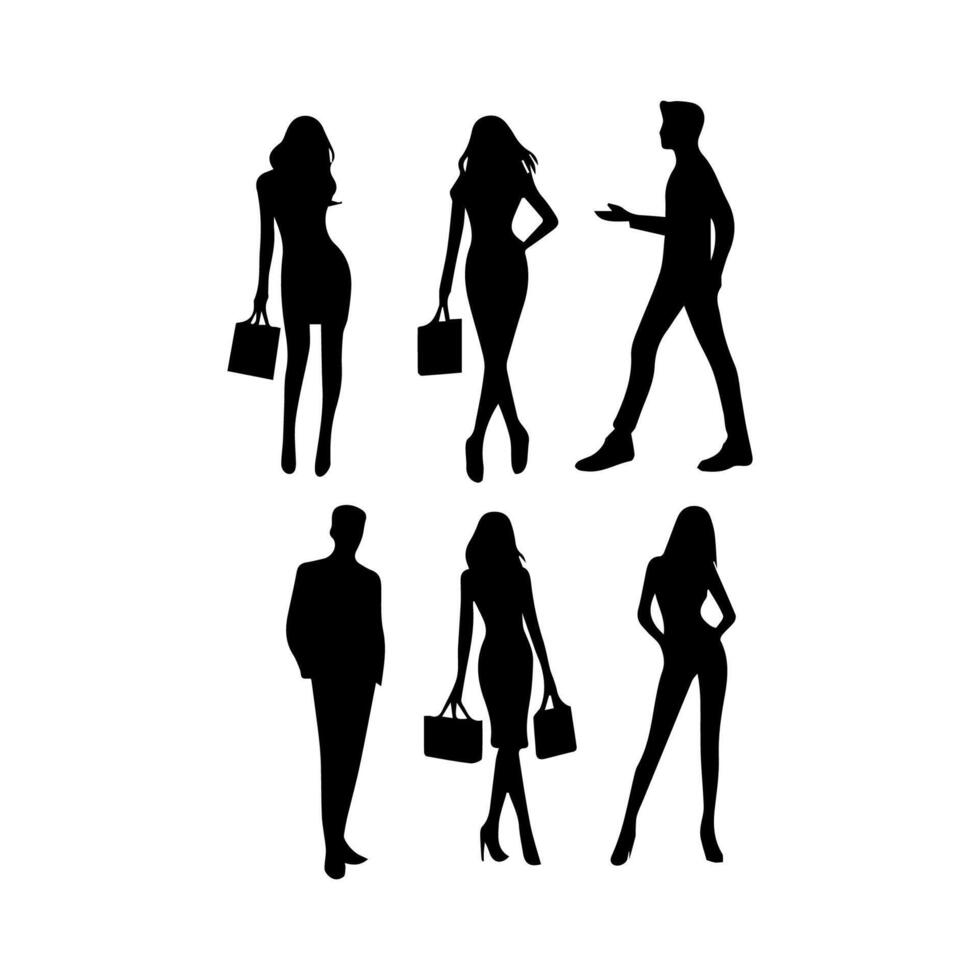 silhouettes of men and a women, a group of standing business people, black color isolated on white background vector