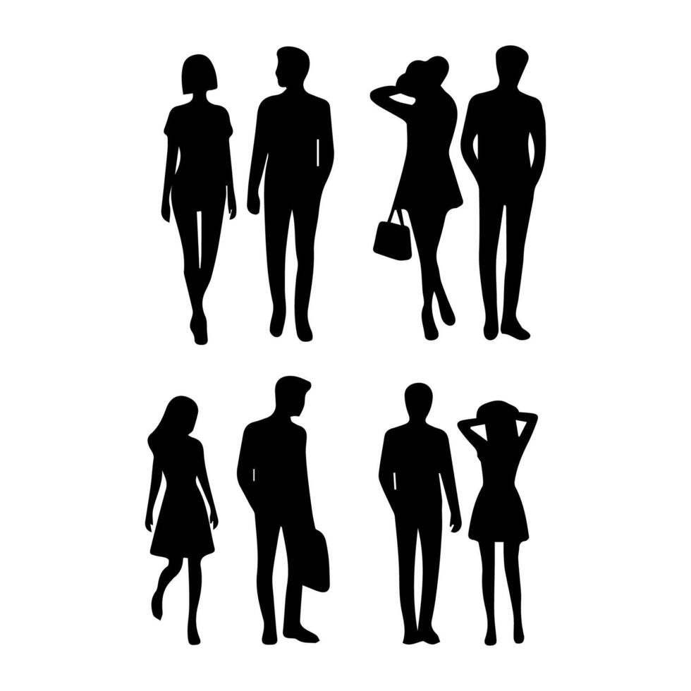 silhouettes of men and a women, a group of standing business people, black color isolated on white background vector