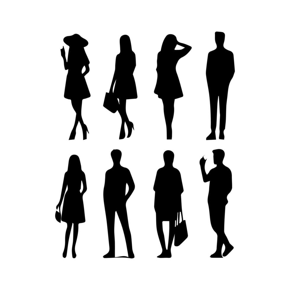 silhouettes of men and a women, a group of standing business people, black color isolated on white background vector