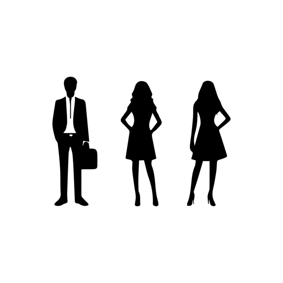 silhouettes of men and a women, a group of standing business people, black color isolated on white background vector