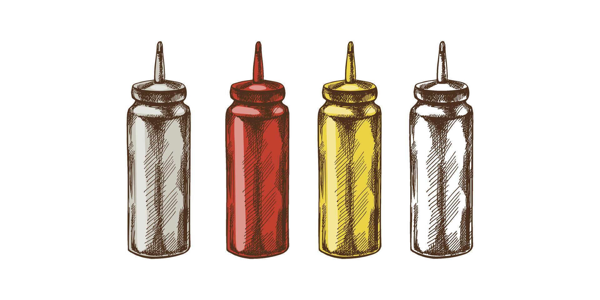 Hand-drawn colored and monochrome sketch of bottles with ketchup, mayonnaise and mustard. Doodle vintage illustration on white background. vector