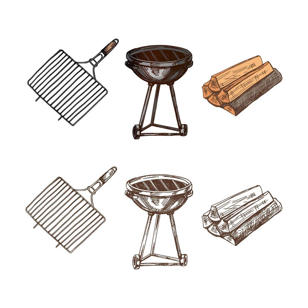 A set of hand-drawn colored and monochrome sketches of barbecue and picnic elements, barbecue grill, firewood. For the design of the menu, grilled food. vector