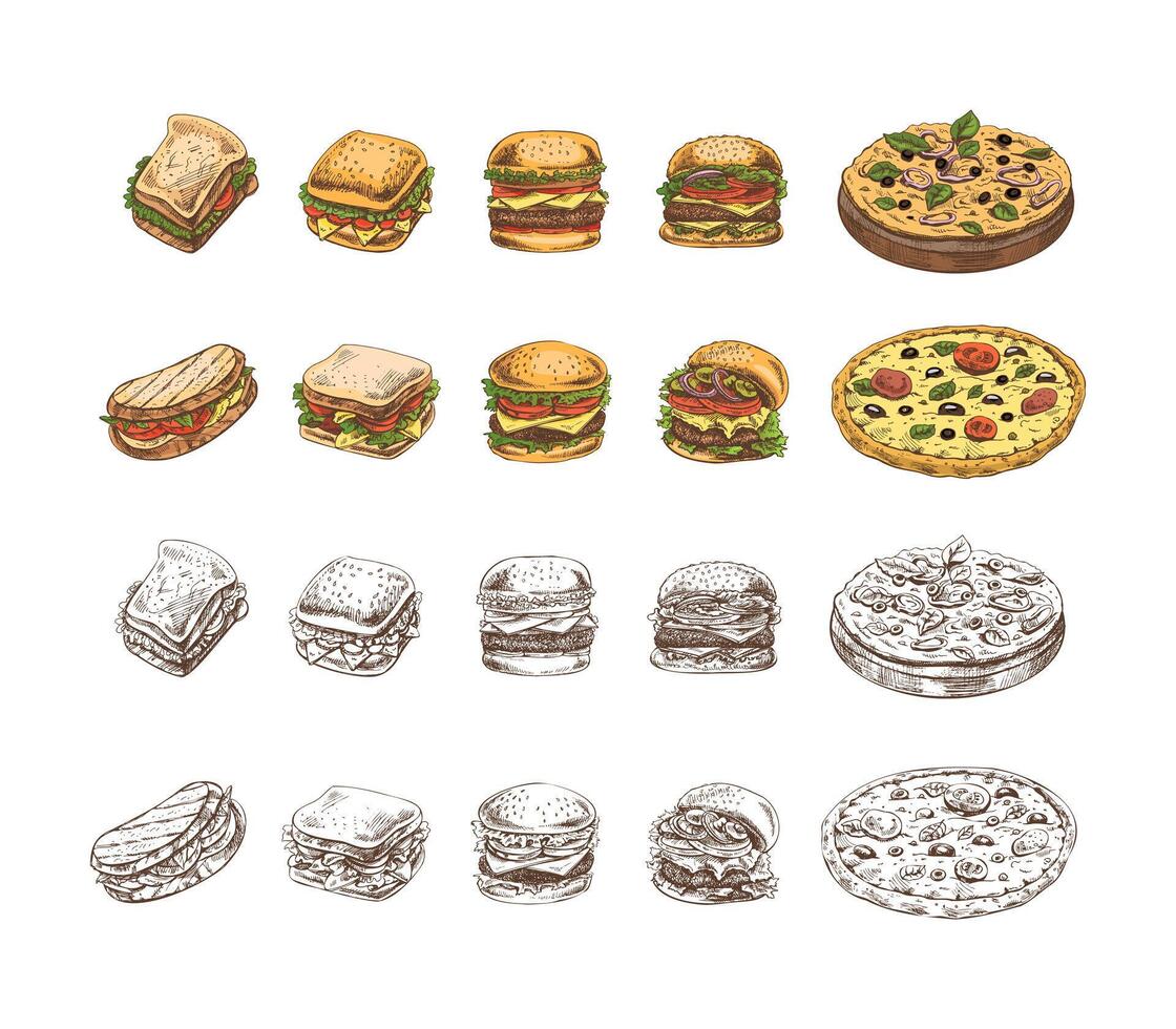 Hand-drawn colored and monochrome sketches of street food, takeaway food, fast food, junk food. Burgers, sandwiches, pizza set. Great for menu. vector