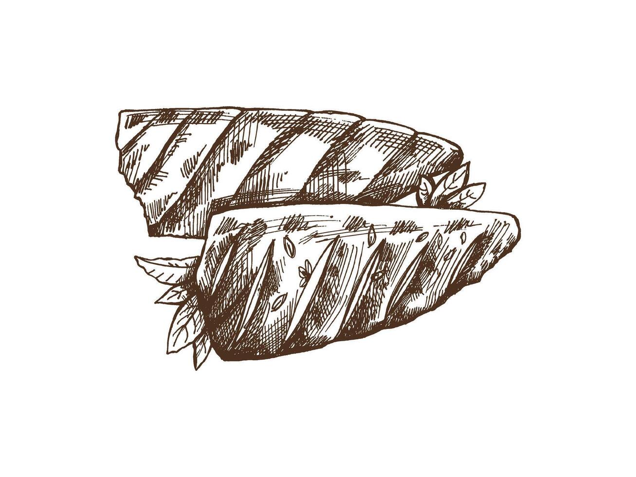 Hand-drawn monochrome sketch of barbecue fish. Doodle vintage illustration. Decorations for the menu of cafes and labels. Engraved image. vector