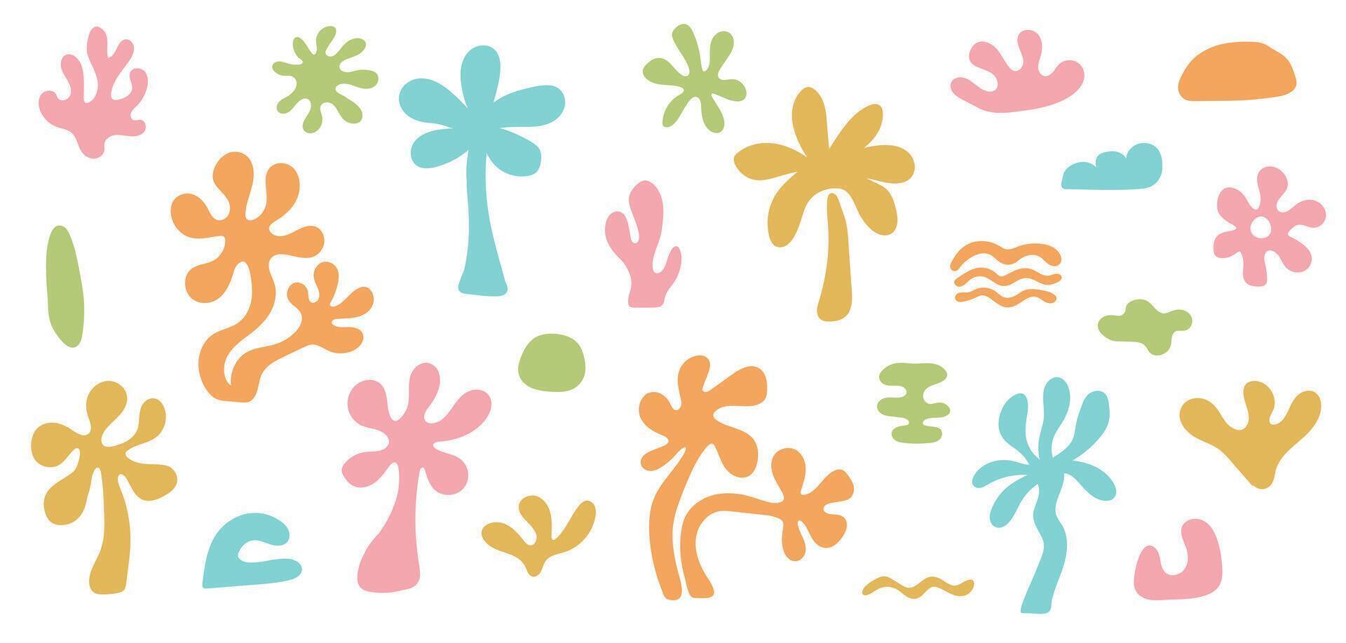 Set of groovy beach palm tree elements. Organic minimalistic coral shapes. background in trendy retro naive simple style. vector