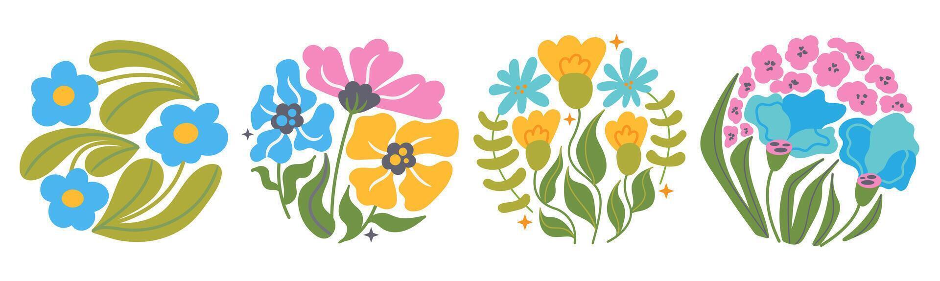 Set of groovy flower plant. Circle botanical shape in modern style. Curvy psychedelic summer floral decoration. vector
