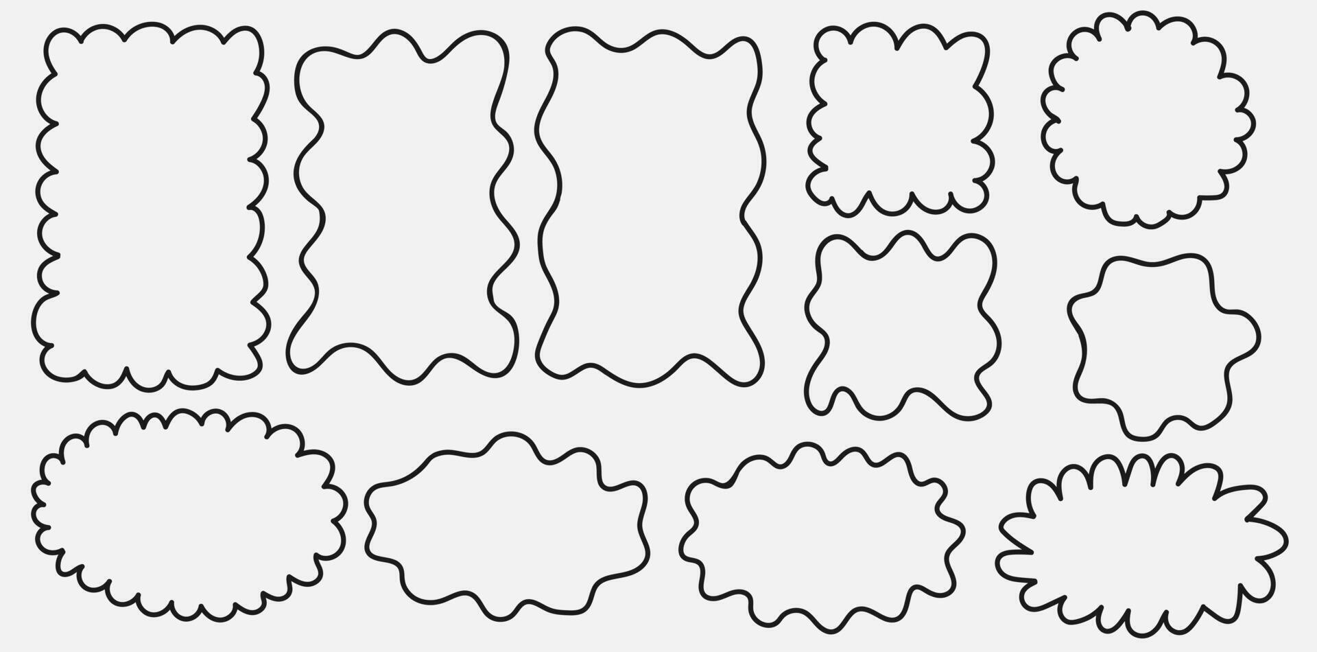 set of groovy curve frame. Drawing doodle wavy border. Circle and rectangle shape. Design elements vector